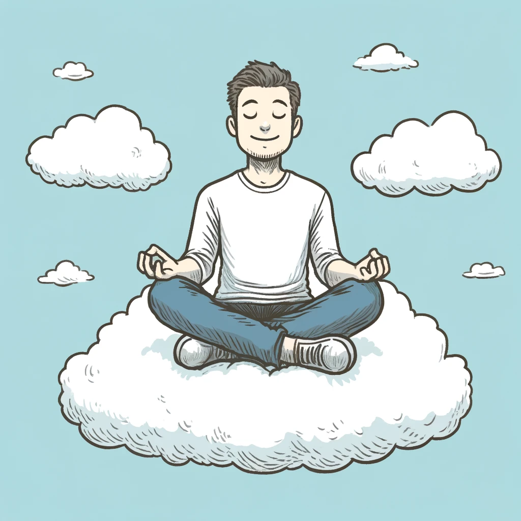 Sketch of zen man sitting on cloud meditating
